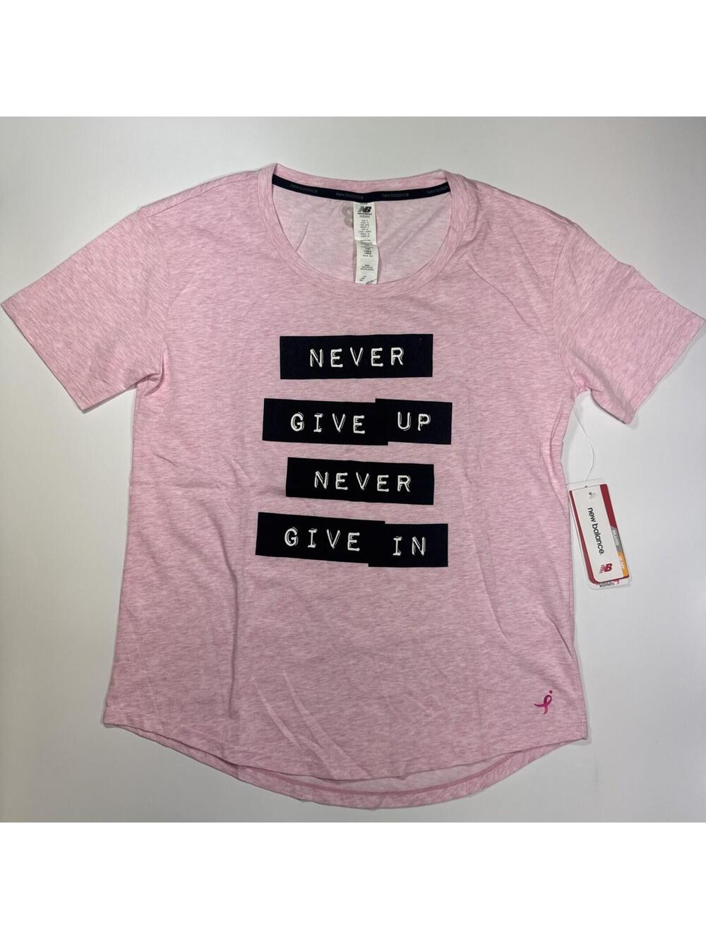 New Balance Women Size Small Tee Heathertech Graphic Pink Never Give Up Shirt